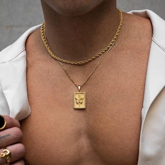 Butterfly Tag Pendant Necklace, 18k Gold Plated, 316L Stainless