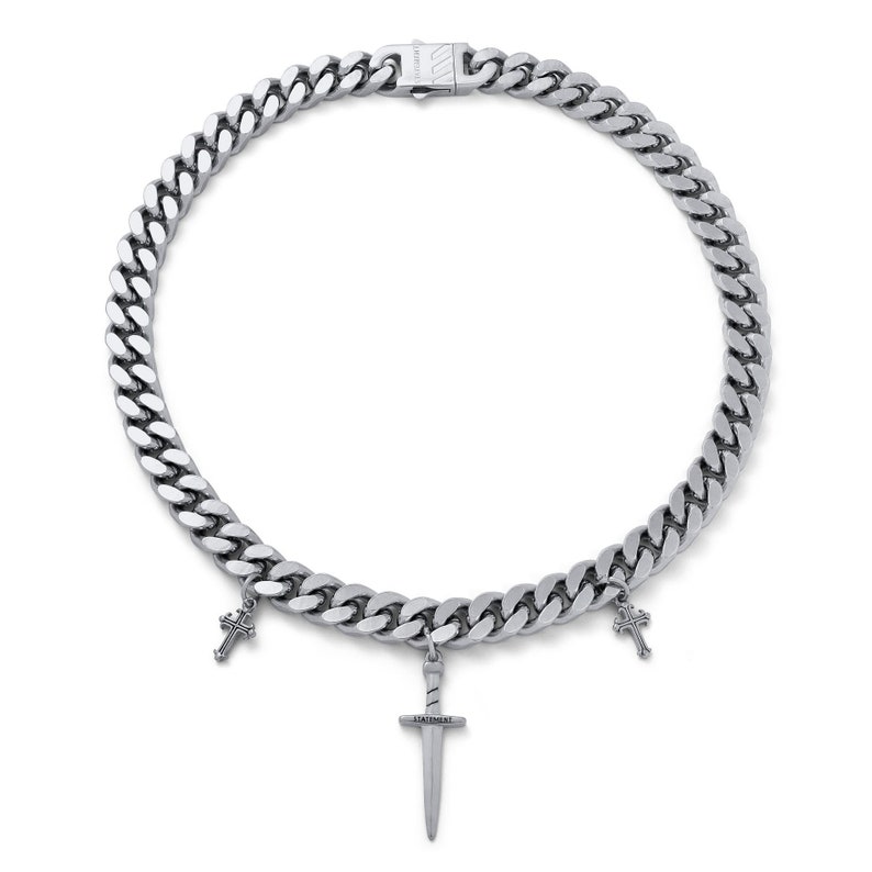 Collar de Cruzado, cadena de eslabones cubanos con dijes de daga, acero inoxidable 316L imagen 3