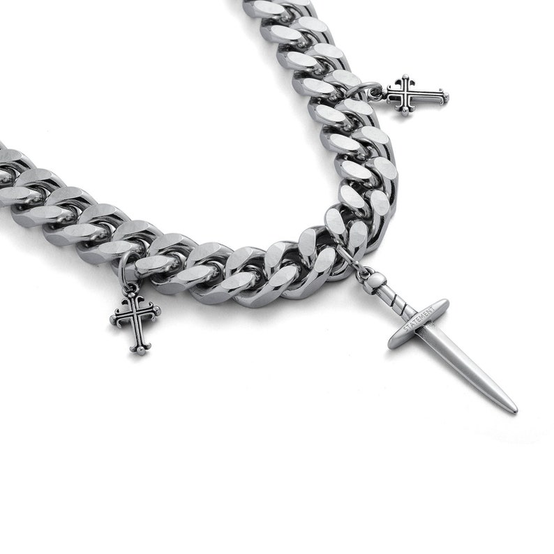 Collar de Cruzado, cadena de eslabones cubanos con dijes de daga, acero inoxidable 316L imagen 4