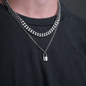 Collier pendentif mini cadenas, chaîne argentée en acier inoxydable 316L