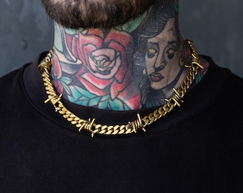 9mm Barbed Wire Necklace, Cuban Link Chain, 18k Gold Plated, 316L