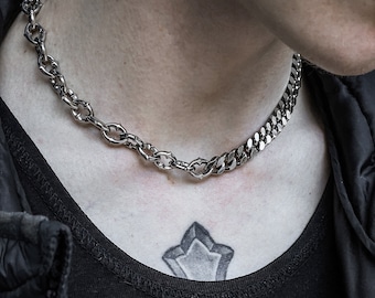 Half & Half Spiked Link Chain Adjustable, 316L Stainless Steel, Cuban Link Chain, Gothic, Choker, Grunge Jewelry