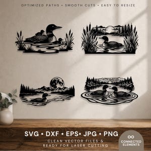 May include: Four black silhouette vector designs featuring loons in natural settings. The top left shows loons with cattails, top right a loon on a lake with trees, bottom left a loon with a moon and mountains, and bottom right two loons on water.