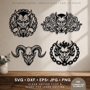 Puede incluir: Cuatro diseños gráficos vectoriales negros con rostros de demonios. Uno muestra un demonio con calaveras y cadenas, otro con rosas, uno con grandes cuernos curvos y otro con llamas. Texto: OPTIMIZED PATHS • SMOOTH CUTS • EASY TO RESIZE y SVG • DXF • EPS • JPG • PNG.