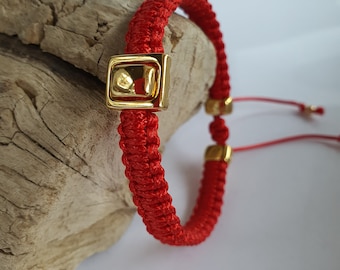 Red braided Bracelet with Golden square Gift for Her style Minimalist Handmade Jewelry