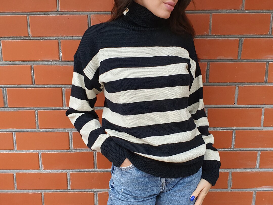 Turtleneck Striped Pattern Slit Sweater