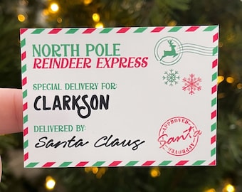 Custom Christmas Santa Claus Sticker Tags, North Pole Reindeer Express Sticker Tags, Personalized Christmas Sticker Tags, 8 Christmas Tags