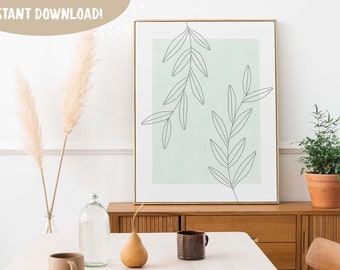 Minimalist Boho Print, Neutral Wall Art, Leaf Print, Green Leaf Art, Botanical Line Art, Boho Line Wall Art, Minimalist Printable Art