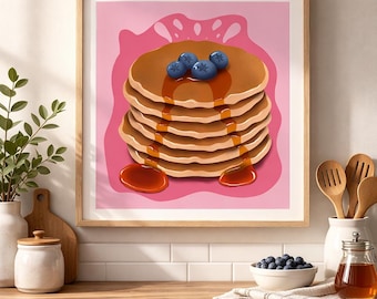 Pancake Stack Art, Cozy Kitchen Wall Decor, Blueberry Breakfast Illustration