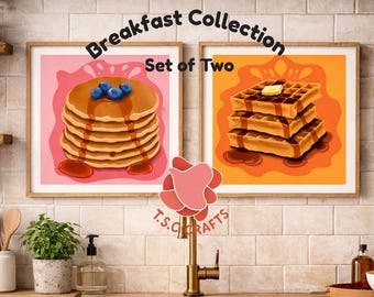 Pancake & Waffle Wall Art Set of Two, Cozy Kitchen Decor, Breakfast Prints, Food Art, Kitchen Wall Art, Housewarming Gift
