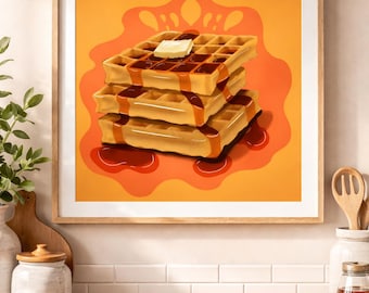 Waffle Art Print, Cozy Kitchen Decor, Food Illustration, Breakfast Collection