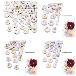 7MM Pack Of 100 White/Gold Flat Round Individual Letter Alphabet Acrylic Beads For Jewellery Making