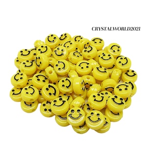 10MM Yellow/Black Flat Round Acrylic Happy Smiley Face Beads For Jewellery Making / Crafts etc.