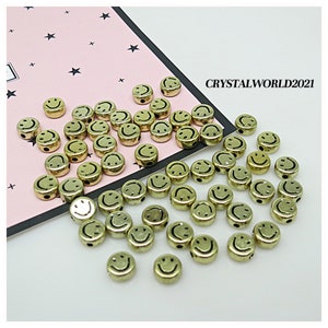 4MM X 7MM Gold/Black Flat Round Acrylic Happy Smile Face Beads For Jewellery Making / Crafts Etc .