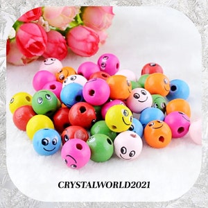 20 14MM Rainbow Coloured Smiley Face Round Wooden Beads For Jewellery Making