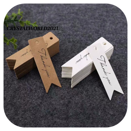 30 50 100 2 CM X 7 CM longues étiquettes en papier kraft blanc marron avec logo Merci
