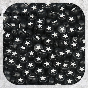 4X7MM Black Flat Round Acrylic Beads With White Star Design - Crafts & Jewellery Making