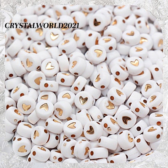 7MM White/Rose Gold Heart Beads, Flat Round Beads, Rose Gold Heart Beads  For Jewellery Making