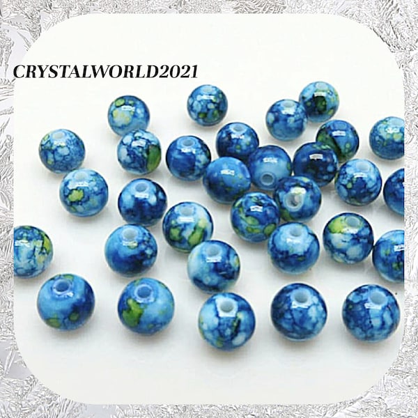 50 100 8MM Blue/Green FLORAL ACRYLIC ROUND Beads For Jewellery Making