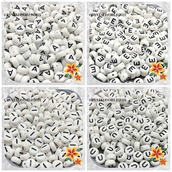 7MM Pack Of 100 White/Black Flat Round Individual Letter Alphabet Acrylic Beads For Jewellery Making