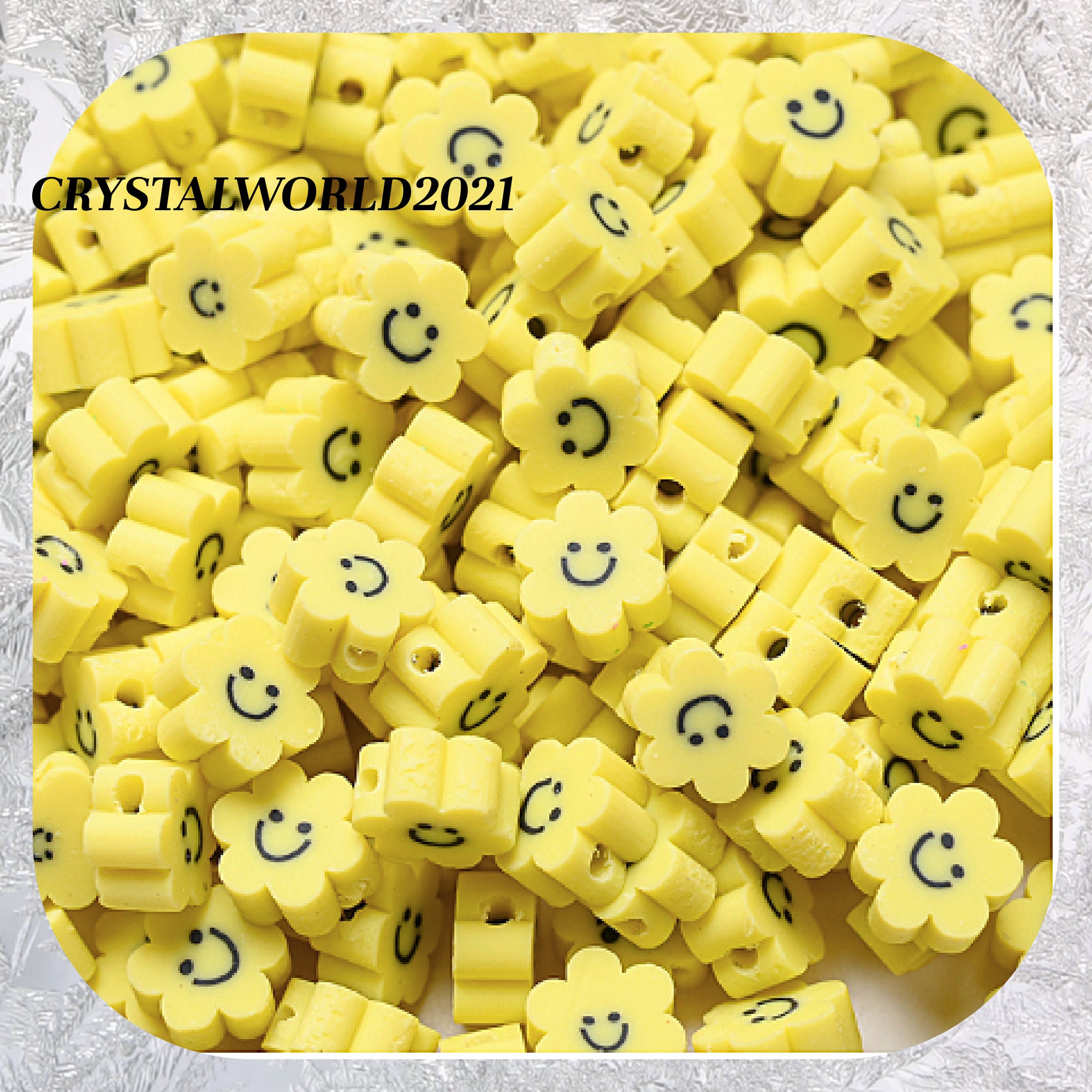 20 10MM YELLOW COLOURED FLAT ROUND EMOJI SMILE FACE POLYMER CLAY BEADS /  CRAFTS