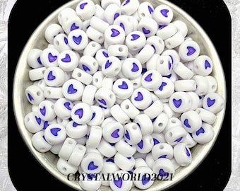 4X7MM White Flat Round Acrylic Beads With Purple Heart Design - Crafts & Jewellery Making