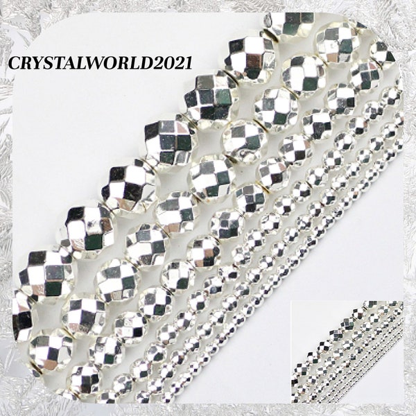 4MM 6MM Natural Hematite Bright Silver Faceted Round Shaped Beads For Jewellery Making