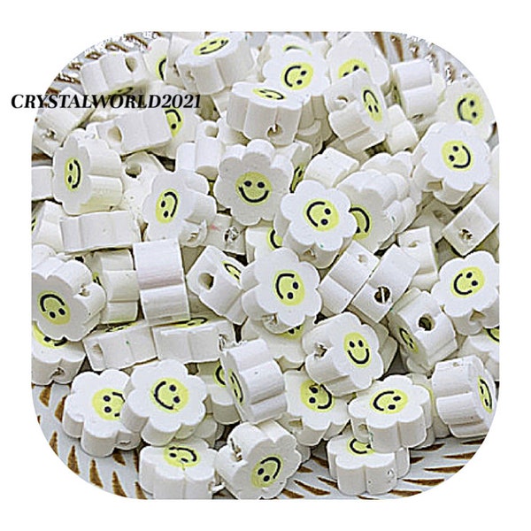 White Coloured Sun Flower Smiley Face Polymer Clay Beads For Jewellery Making