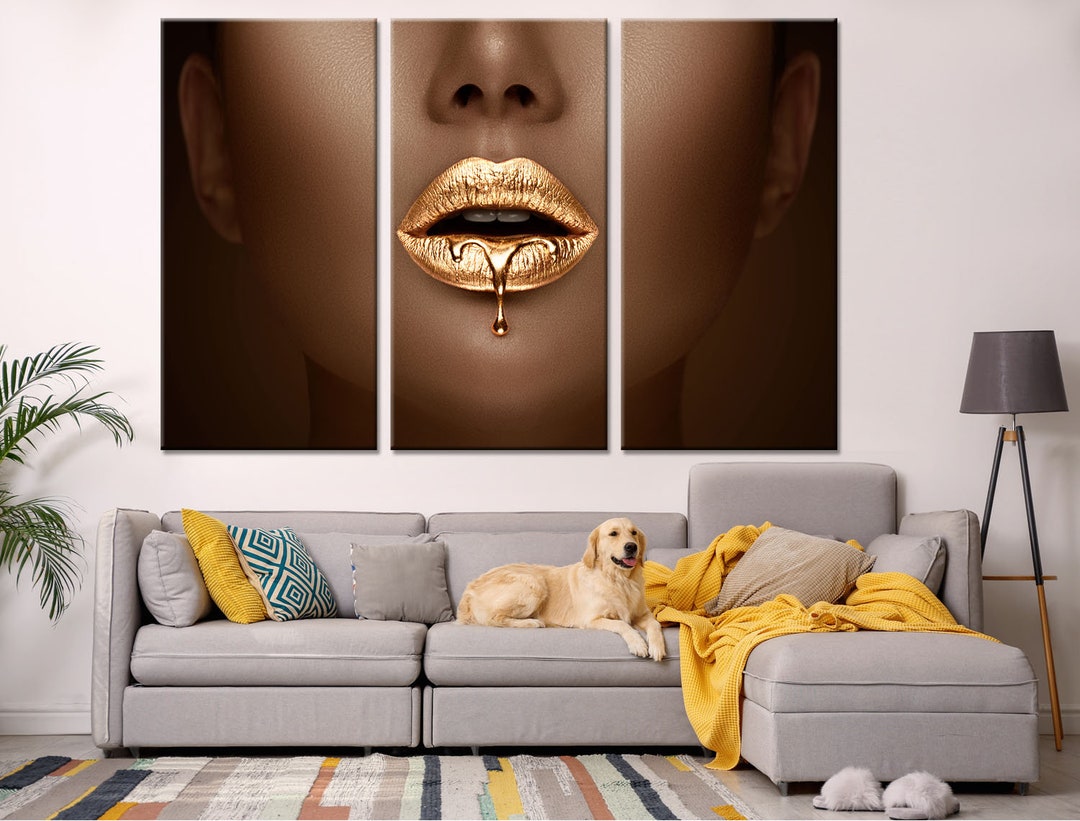 Golden Lipstick Wall Decor Lip Wall Art Lipgloss Dripping Print Makeup