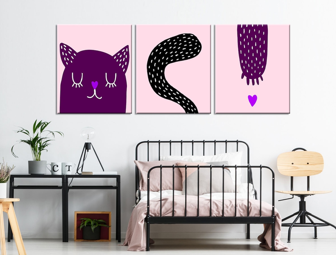 Black Cat Wall Decor Cute Black Cat Canvas Set of Three Drawn Kitty Print Drawn Black Kitty Wall