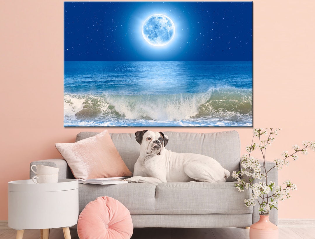 Night Moon on Canvas Moon Line Art Print Seascape Moon on Canvas Full Moon Wall Decor Colorful