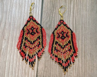 Red and Black Fringe Earrings, Brick Stitch and Fringe Beaded Earrings, Beaded Statement Earrings, Handwoven Jewelry