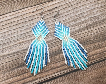 Deep Water Brick Stitch and Fringe Earrings, Blue Gradient with White and Silver, Beaded Jewelry, Handwoven with Stainless Steel Earwires