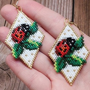 Orecchini di diamanti con punto di mattoni, orecchini di perline con punto di mattoncini di coccinella, intrecciati a mano con perline Delica