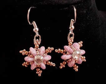 Periwinkle Beaded Earrings - Pink and Bronze with Crystal Rose Montee - Flower Earrings - Handwoven Beaded Jewelry