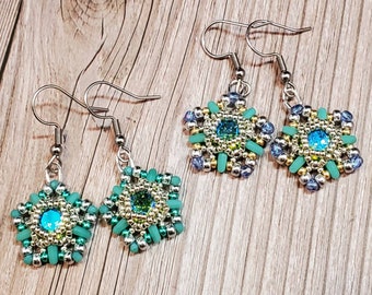 Starry Night Beaded Earrings, Bezeled Green Peridot-Colored Crystal Chaton in a Star Shape with Steel Earwires, Handwoven Jewelry