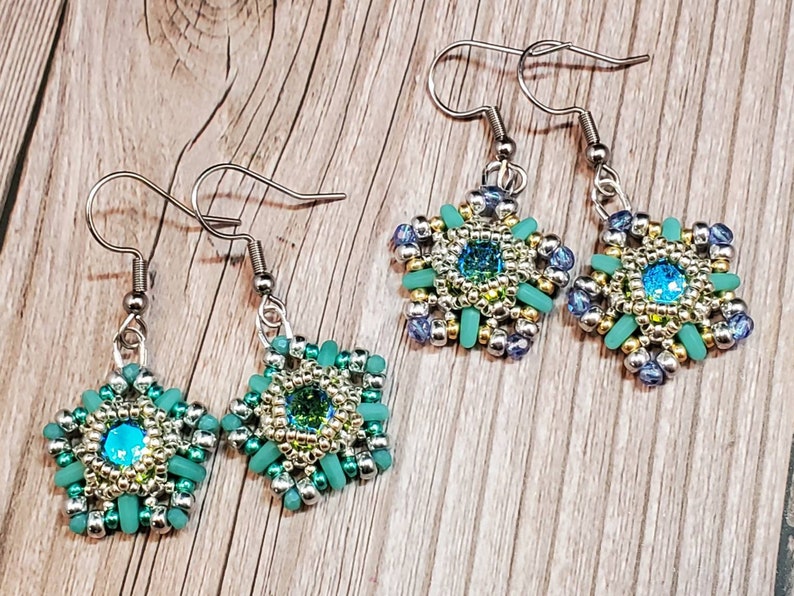 Starry Night Beaded Earrings, Bezeled Green Peridot-Colored Crystal Chaton in a Star Shape with Steel Earwires, Handwoven Jewelry image 1