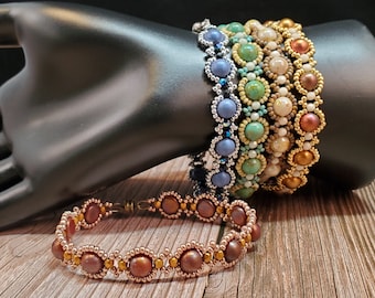 Astral Bracelet, Multiple Colors, Handwoven Beaded Jewelry with Seed Beads, 2 Hole Cabochons, and Fire Polished Beads, Magnetic Clasp