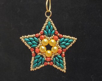 Red, Green, and Gold Beaded Star Ornament, Star Glow Christmas Holiday Decoration, Handwoven