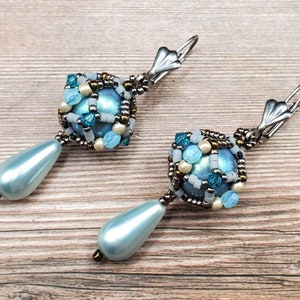 Jodhpur Beaded Glass Pearl Earrings, Light Pearlescent Blue with Preciosa Pearl Drops, Handwoven Jewelry with Steel Leverback Earwires