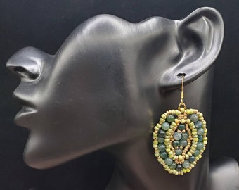 Philodendron Leaf Beaded Earrings, Green and Gold with Moss Agate Gemstones, Handwoven Jewelry with Stainless Steel Earwires
