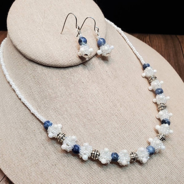 Mont Blanc Beaded Necklace and Earring Set, White, Blue, and Silver,  Handwoven with Sodalite Gemstone Rounds and Seed Beads