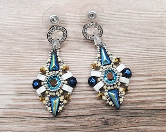 Meteora Beaded Earrings, Blue and Silver, with Preciosa Crystals, Silver Colored Earstud w/ Cubic Zirconia Accents, Fancy Handwoven Jewelry