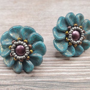 Fairy Garden Flower Beaded Earrings, Plum and Teal, Cute Floral Studs with Steel Pushback Posts, Earthy Colors, Handwoven Jewelry