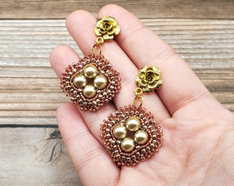 Ogee Beaded Earrings, Gold and Copper with Glass Pearls, Seed Beads, and Flower Earring Post, Handwoven Jewelry