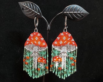 Mushroom Brick Stitch and Fringe Earrings, Red, Green, and White Beaded Jewelry, Handwoven with Delica Beads and Steel Leverback Hooks