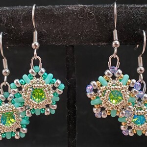 Starry Night Beaded Earrings, Bezeled Green Peridot-Colored Crystal Chaton in a Star Shape with Steel Earwires, Handwoven Jewelry image 2