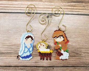 Nativity Set of Ornaments, Mary, Joseph, and Baby Jesus, Beaded Brick Stitch, Christmas Holiday Decoration, Handwoven with Delica Beads