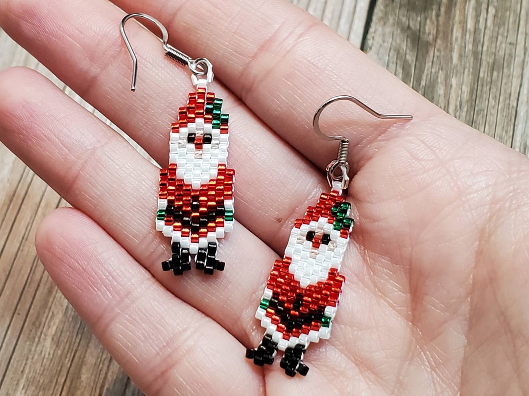 Santa Claus Brick Stitch Beaded Earrings Shiny Red Green and White Christmas Holiday Jewelry Handwoven With Delica Beads Etsy