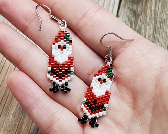 Santa Claus Brick Stitch Beaded Earrings, Shiny Red, Green, and White Christmas Holiday Jewelry, Handwoven with Delica Beads